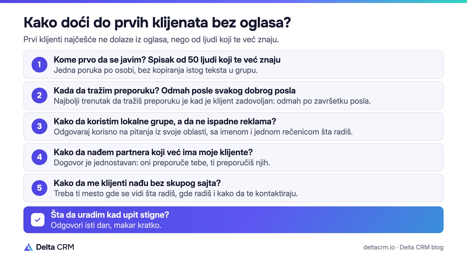 Kako doći do prvih klijenata bez oglasa: spisak od 50 ljudi, preporuka, lokalne grupe, partner i mesto gde te klijenti nađu.